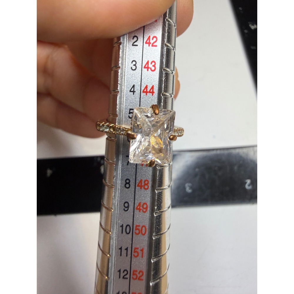 Gold Tone Radiant Cut Clear Stone Cocktail Ring Size 6.25 Pavรฉ Accents